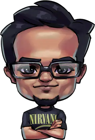 Illustrated portrait of Imtiaz Epu in glasses and a Nirvana T-shirt, arms crossed